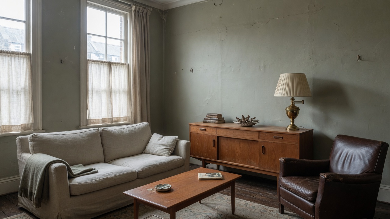 Townhouse sitting room with restored mid-century furniture