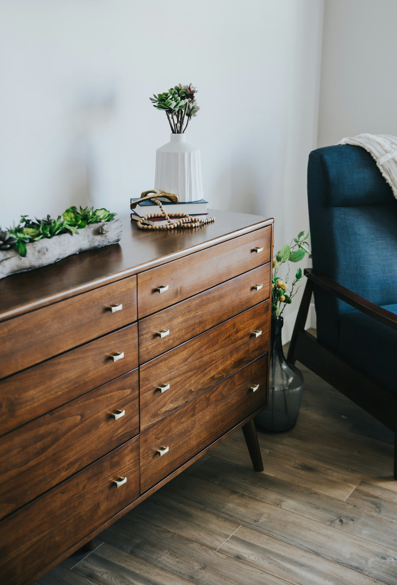 Mid-century walnut dresser with brass pulls