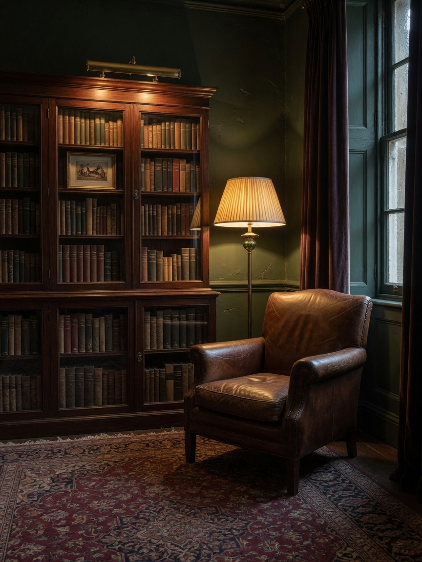 Tobacco leather armchair in a dark townhouse library