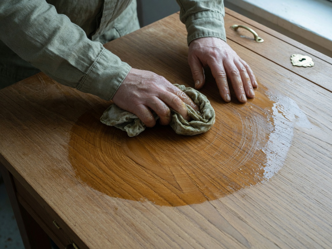 Artisan oiling a teak surface by hand